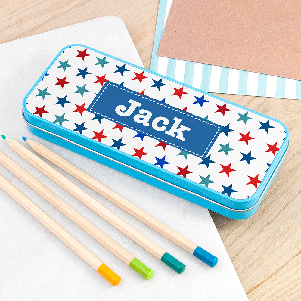 Personalised Boy's Blue Metal Pencil Case Tin