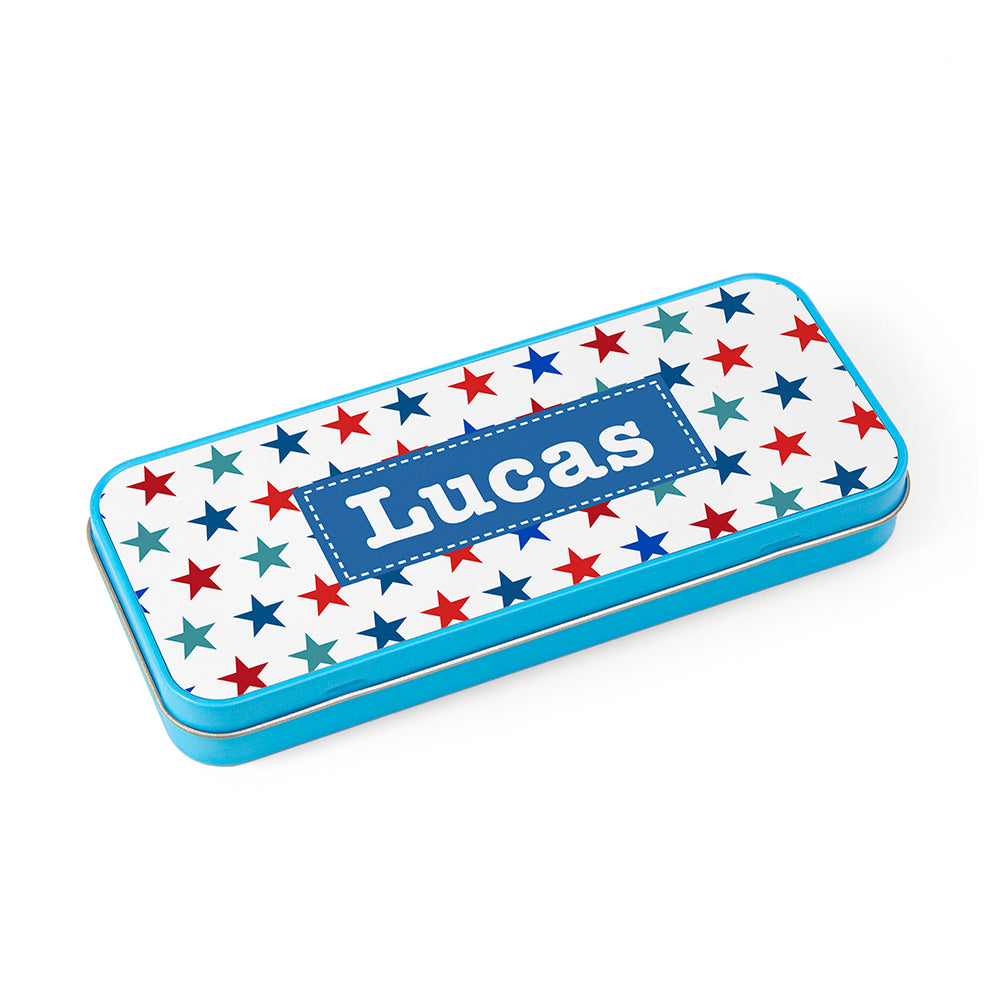 Personalised Boy's Blue Metal Pencil Case Tin