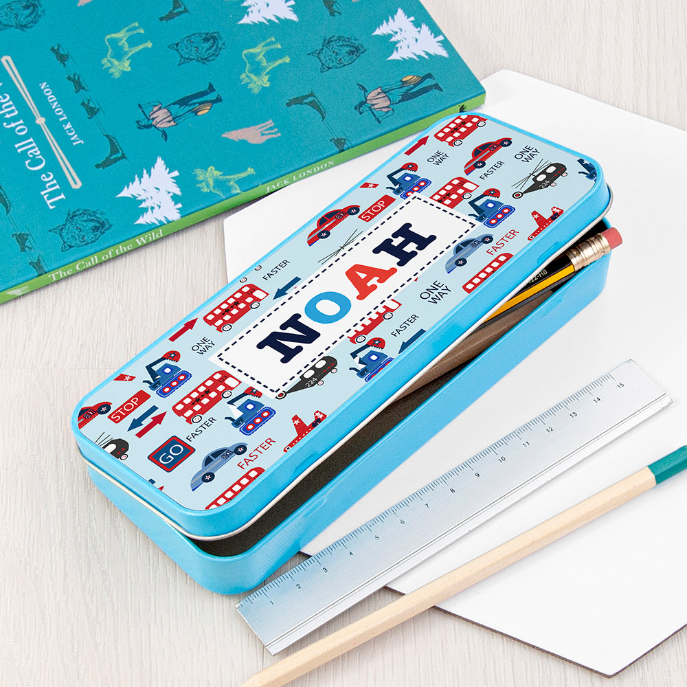 Personalised Boy's Blue Metal Pencil Case Tin