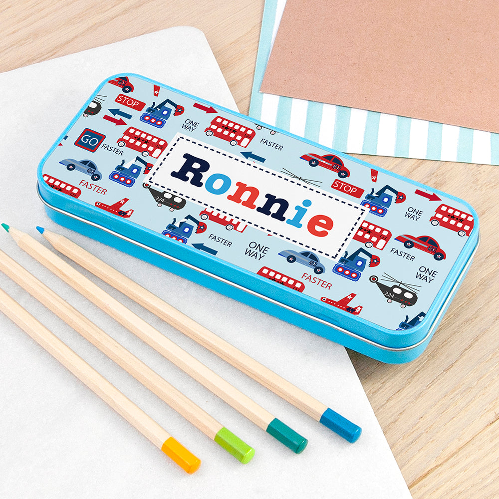 Personalised Boy's Blue Metal Pencil Case Tin