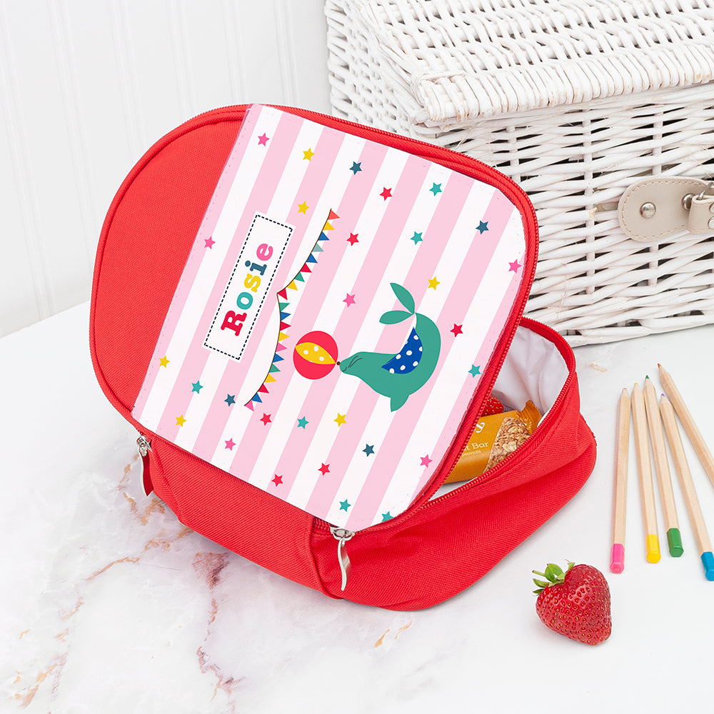 Personalised Circus Themed Red Lunch Bag