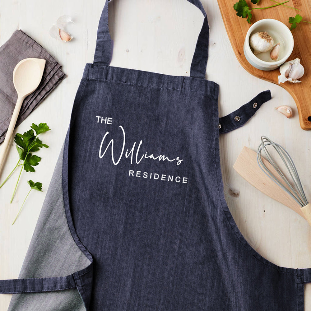 Personalised Blue Denim Family Residence Apron