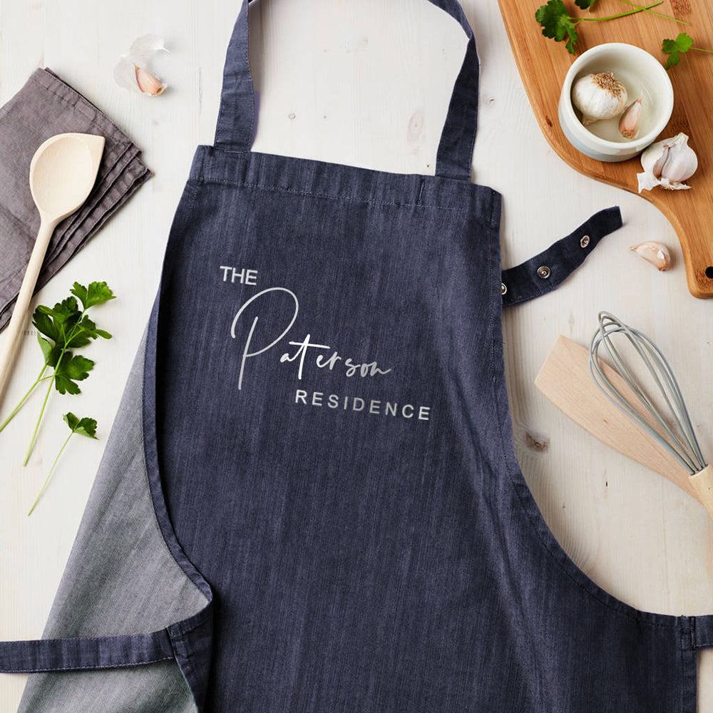 Personalised Blue Denim Family Residence Apron
