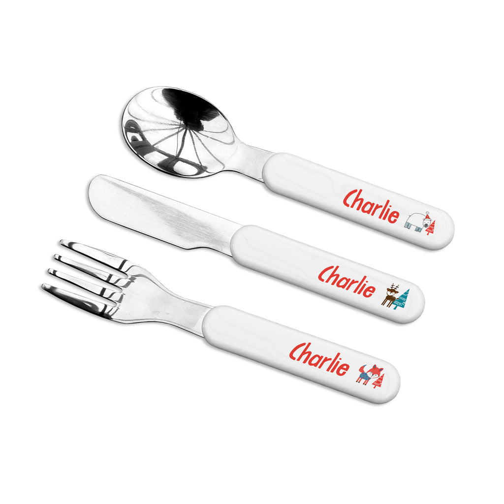 Personalised Kids Winter Wonderland Metal Cutlery Set