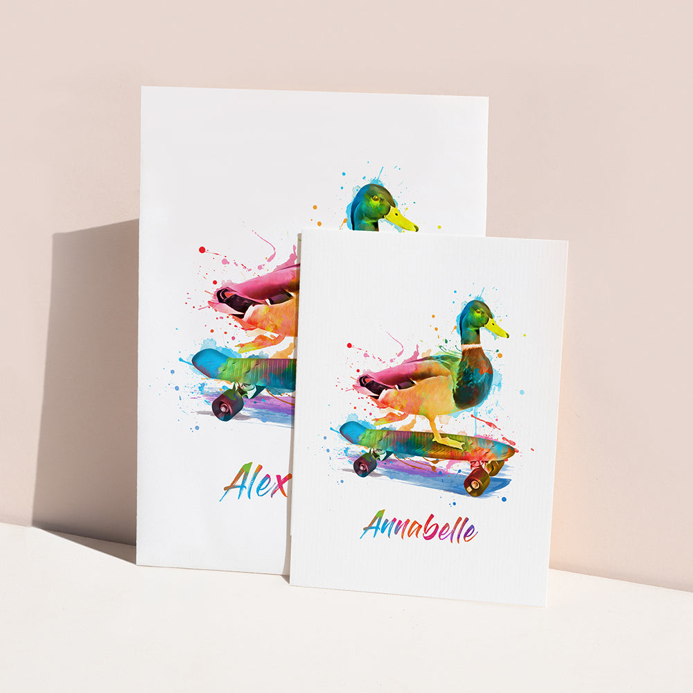 Personalised Watercolour Duck Skateboarding Print
