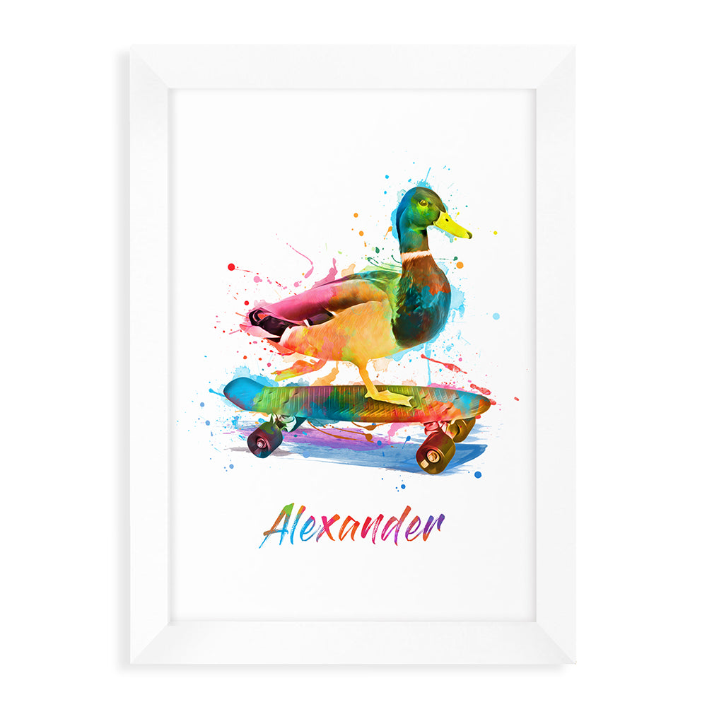 Personalised Watercolour Duck Skateboarding Print
