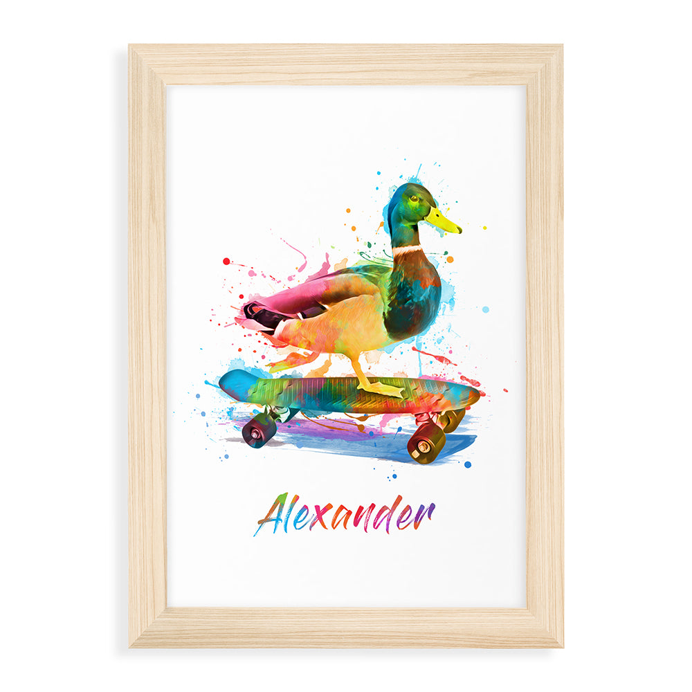 Personalised Watercolour Duck Skateboarding Print