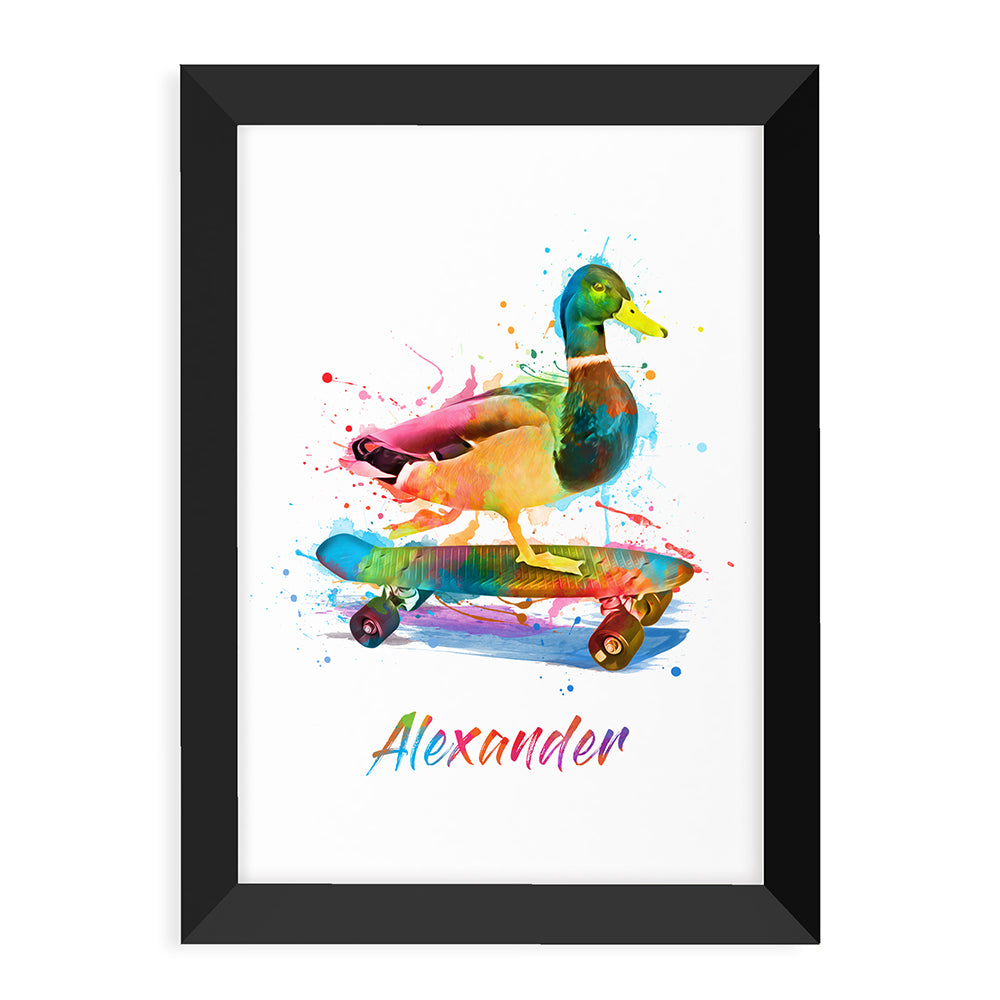 Personalised Watercolour Duck Skateboarding Print
