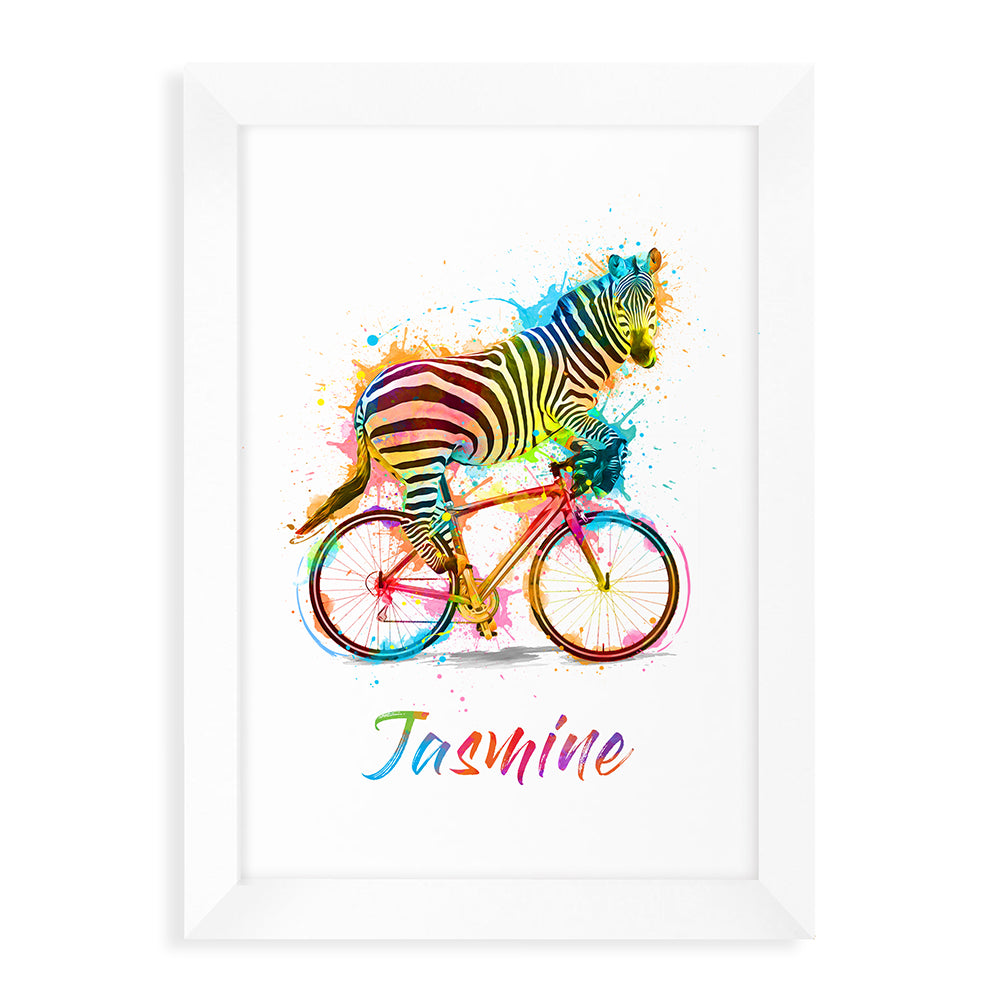 Personalised Watercolour Zebra Cycling Print