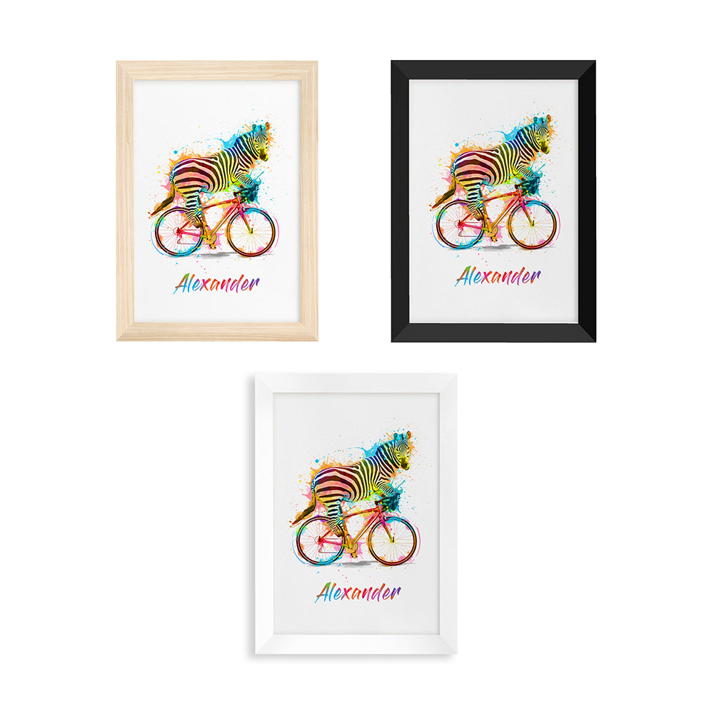 Personalised Watercolour Zebra Cycling Print