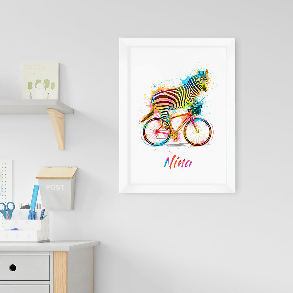 Personalised Watercolour Zebra Cycling Print