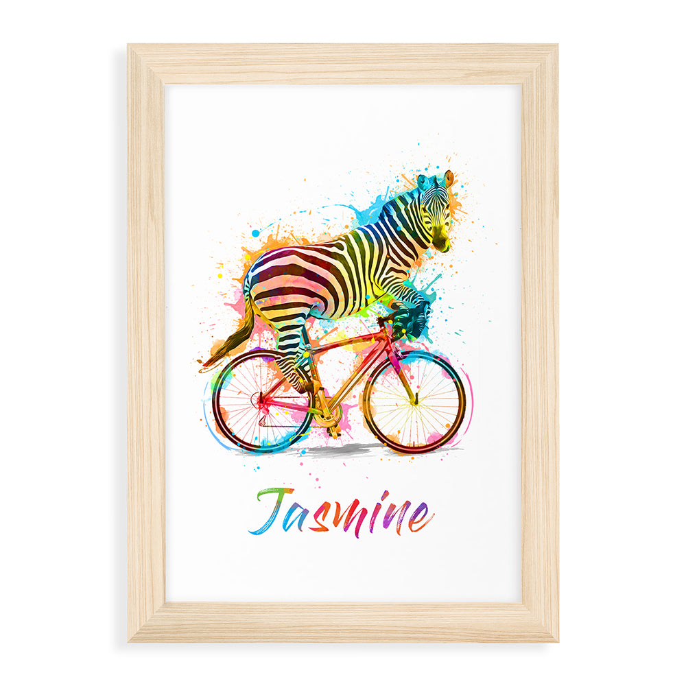 Personalised Watercolour Zebra Cycling Print